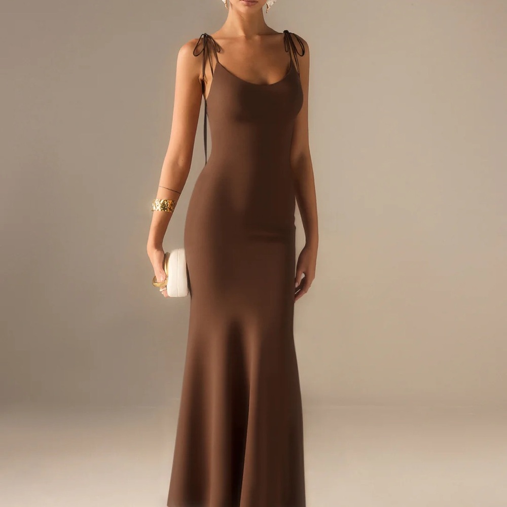 Commense Brown Medium Satin Strappy Maxi Dress with Bow-Tied Back NWT$39